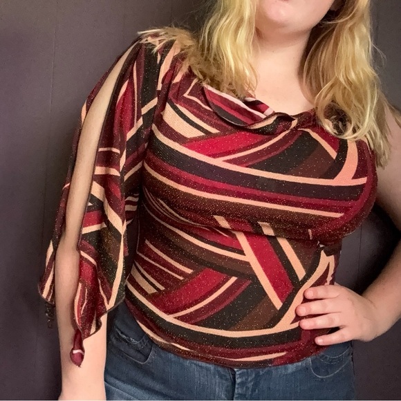 Vintage Y2K Made in USA Burgundy & Brown Geometric Asymmetrical Top – Tag Medium - Picture 7 of 8
